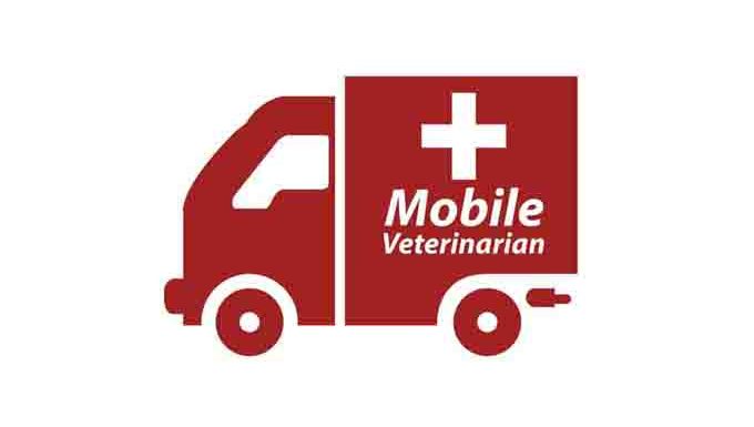 Cartoon drawing of ambulance that reads "mobile veterinarian"